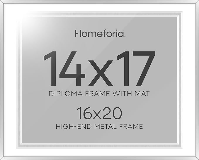 Homeforia 16x20 Diploma Frame Silver, High End Metal 16 x 20 Certificate Frames with Mat for 14 x 17, 20x16 Document Frame Matted to 14x17, Graduation Degree Frames, Tempered Glass, Wall Kit, Set of 2