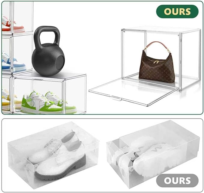 6 Pack Clear Shoe Box Size 15, X-Large Acrylic Purse Display Case with Magnetic Lid 14.1 x 8.9 x 10.6'' Transparent Storage Box for Shoes, Collectibles, Action Figures, Cosmetics, Craft Showcase
