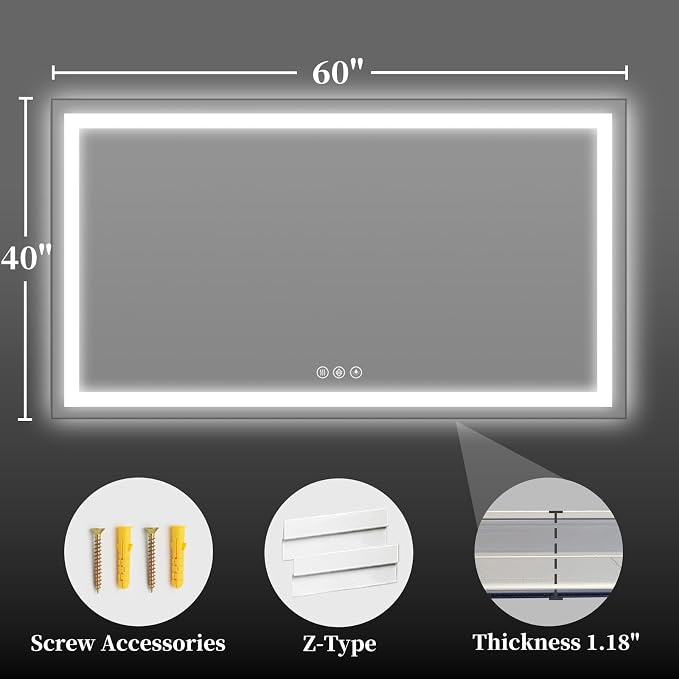 60"x40" LED Bathroom Mirror with Lights, Backlit + Front Lit with CRI>90, Lighted Mirror for Bathroom, Anti-Fog, Dimmable Brightness, 3 Colors, Memory Function, Shatterproof Tempered Glass