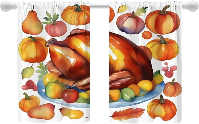 Shrahala Turkey Pumpkin Thanksgiving Blackout Curtain Tiers, Watercolor Fruits Delicious Food Pears Kitchen Valance Light Blocking Tier Drapes with Rod Pocket, 2 Pack 26 X 36 in