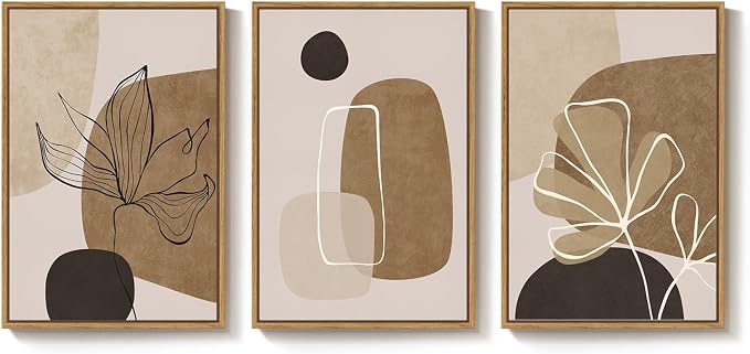 Framed Neutral Boho Abstract Wall Art for Living Room, 3 Piece Large Brown Mid Century Modern Canvas Artwork for Walls, Botanical Black Earthy Paintings Prints Hallway Wall Decor, 24x36 Inch