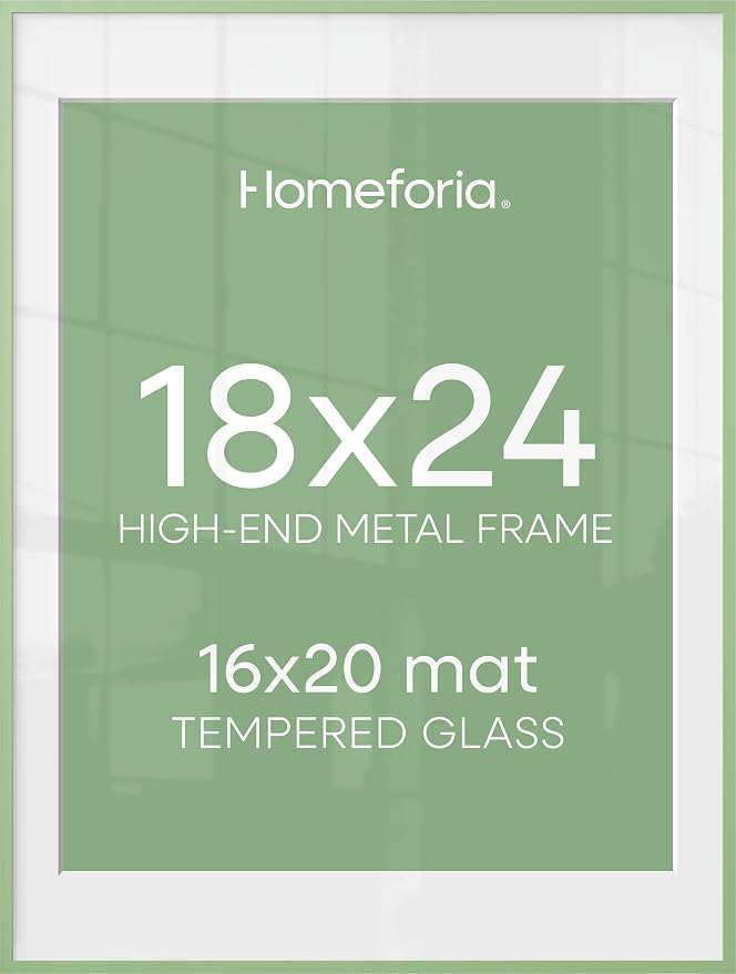 Homeforia 18x24 Frame Sage Green, High End Metal 18x24 Poster Frames with Mat 16x20 inch Photo, 18 x 24 Sage Green Picture Frame Matted to 16 by 20 Art, 24x18 Frame, Tempered Glass, Wall Kit, Set of 2