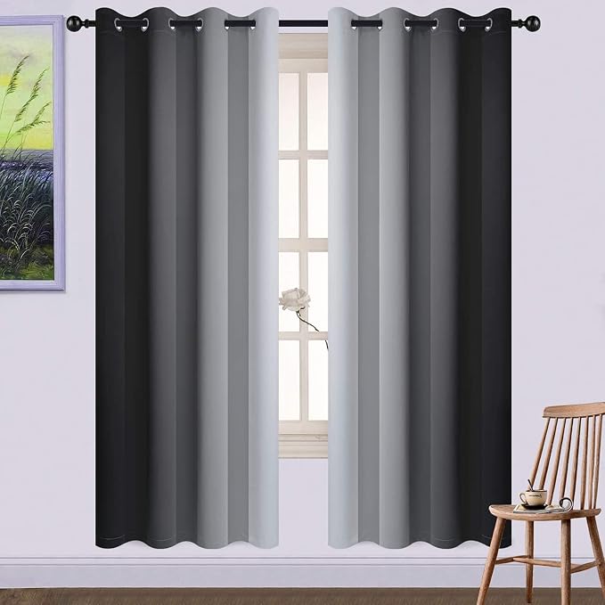 Yakamok Ombre Curtains Black and Greyish White for Living Room,52Wx72L | Room Darkening Curtains 72,Thermal Insulated Gradient Color Drape,Light Blocking Grommet Window Curtains for Bedroom,2 Panels
