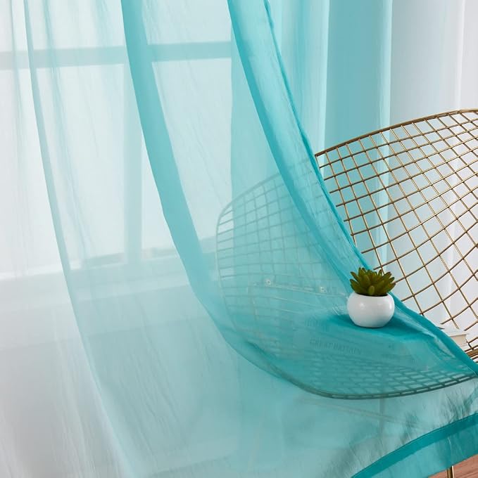 Teal Ombre Chiffon Sheer Curtain 63 Inch Long for Living Room Crinkle Semi Sheer Curtain Panels for Bedroom, Gradient Light Filtering Window Drapes Set of 2 for Kids Room, Office, Rod Pocket, 52"W