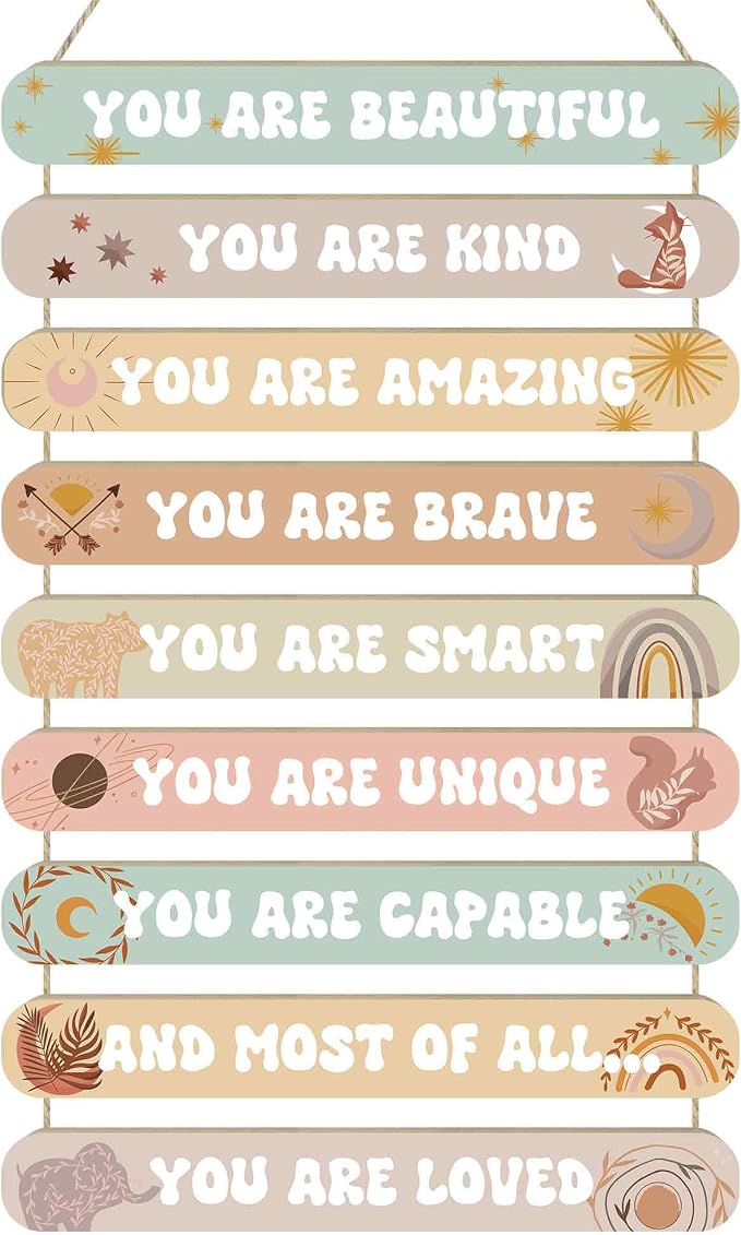 MONALET Boho Inspirational Motivational Wall Art Decor for Girls Room Nursery Baby Kids Playroom Bedroom Door, Positive Affirmations Hanging Wood Signs Decorations, Girly Wooden Plaque, 12x19