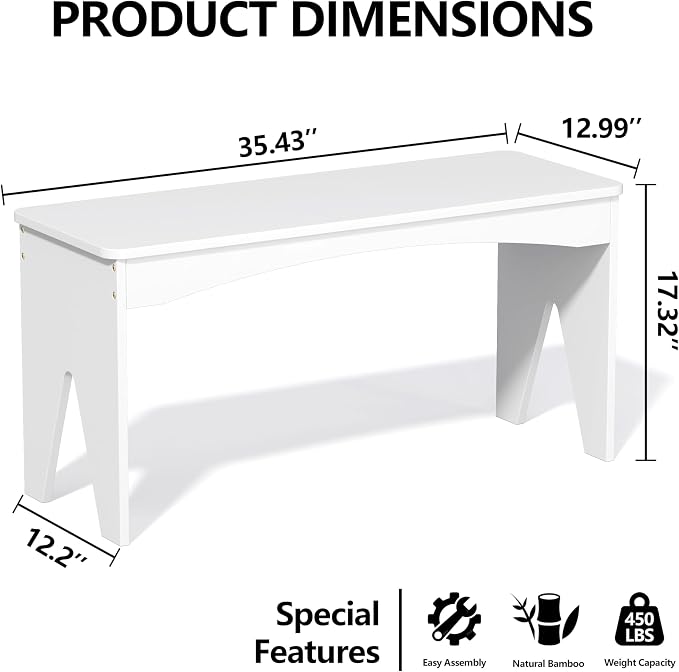 APRTAT Bamboo 35.4" Dining Room Bench, Long Indoor Shoe Bench Seat, White | 450LBS Weight Capacity, 2-Person Seat, Rounded Safety Corners, Multi-Scene Use, Easy Assembly