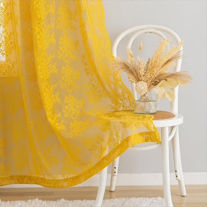 YJ YANJUN Vintage Lace Curtains 96 Inches Long-Victorian Floral Mustard Yellow Sheer Curtain Panels for Living Room Bedroom,Light Filtering, Retro Mid Century Modern Summer Drapes2 Panels 52W x 96L