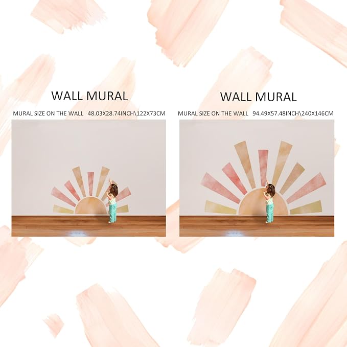 Large Fabric Watercolor Boho Half Sun Wall Decal Peel and Stick, Pastel Sunrise Backdrop Murals Stickers, Sunshine Wall Art Decor for Kids Room Playroom Nursery Bedroom, 48.03" x 28.74"