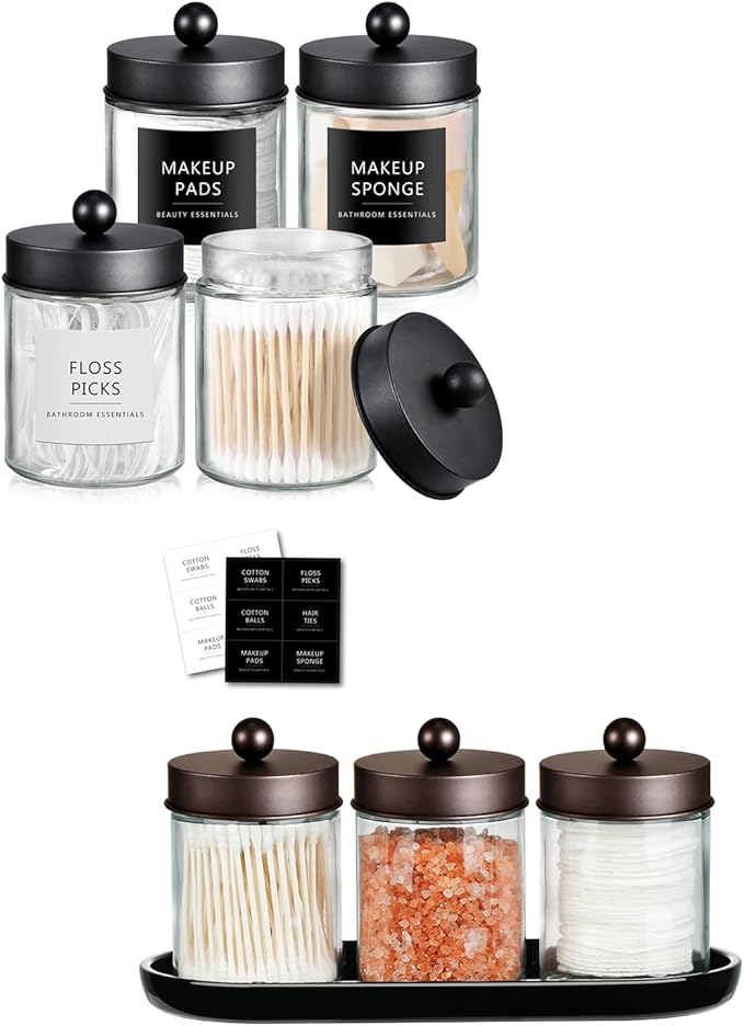 SheeChung Qtip Dispenser Holder, Glass apothecary jars with Acrylic Vanity Tray, Countertop Canister Guest Bathroom Essentials Storage Organizer for Cotton Swabs/Balls, Floss Picks