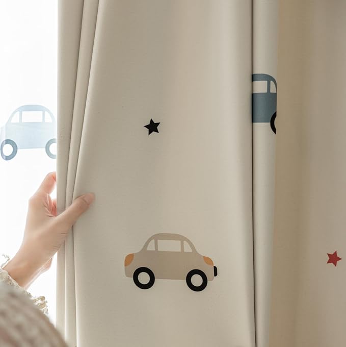 Cartoon Car Pattern Printed Semi Blackout Curtains for Bedroom Living Room | Cute Car Room Darkening Privacy Drapes for Playrooms Light Blocking Window Tratement Grommet Top 1 Panel W55 L94 Inch