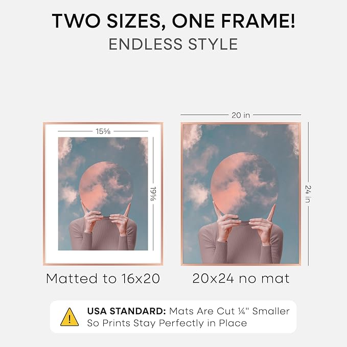 Homeforia 20x24 Frame Rose Gold, High End Metal 20x24 Poster Frames with Mat 16x20 inch Photo, 20 x 24 Rose Gold Picture Frame Matted to 16 by 20 Print, 24x20 Frame, Tempered Glass, Wall Kit, Set of 1