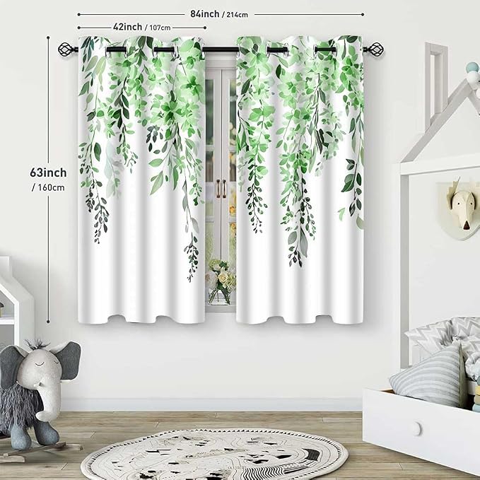 Green Watercolor Floral Curtains, Botanical Leaves Vine Flowers Curtain, Rustic Farmhouse Flower Leaf Blackout Window Treatment Drapes for Bedroom Living Room 42x63 inch, 2 Panels