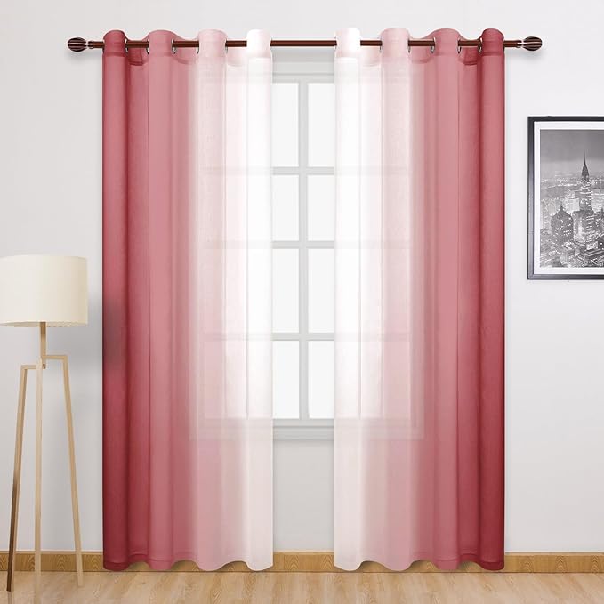 DWCN Ombre Faux Linen Sheer Curtains - Semi Voile Gradient Grommet Top Curtains for Bedroom and Living Room, 52 x 96 Inches Long, Set of 2 Window Curtain Panels, Burgundy