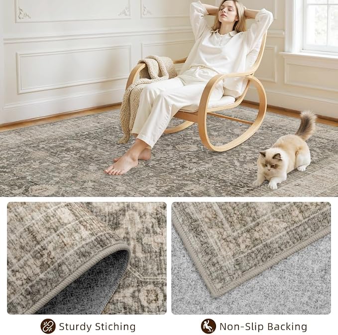 10x14 Area Rug for Living Room: Vintage Boho Neutral Washable Rug Indoor Soft Large Area Rug Carpet for Bedroom Nursery Farmhouse Dining Room Office Floor Non-Slip Low Pile Under Table Rug Warm Taupe
