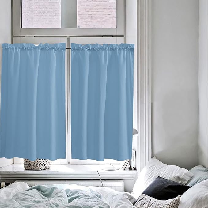 45 Inch Long Tier Curtains for Kitchen, Solid Color Dusty Blue Bathroom Window Curtains Rod Pocket Short Curtains Window Treatment Tiers for Living Room Farmhouse 2 Panels