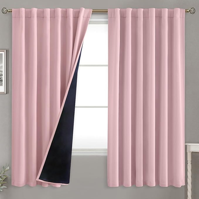 BGment Full Blackout Curtains with Thermal Insulation Liner Curtains 63 Inches Long, Rod Pocket and Back Tab Double Layer Room Darkening Window Curtain for Bedroom(52 x 63 Inch, 2 Panels, Pink)
