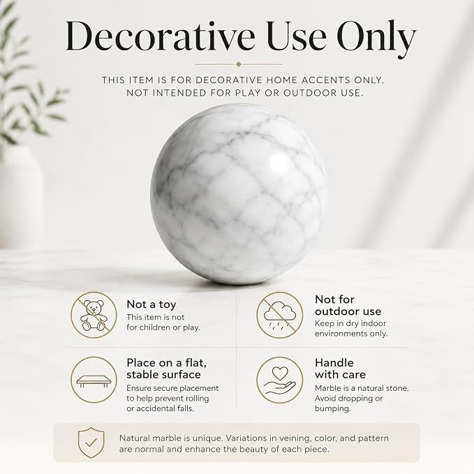 White Marble Decorative Sphere, 6cm Natural Stone Orb | 2.36 in Small Stone Bowl Filler Balls for Tray Styling, Shelf and Coffee Table Decor