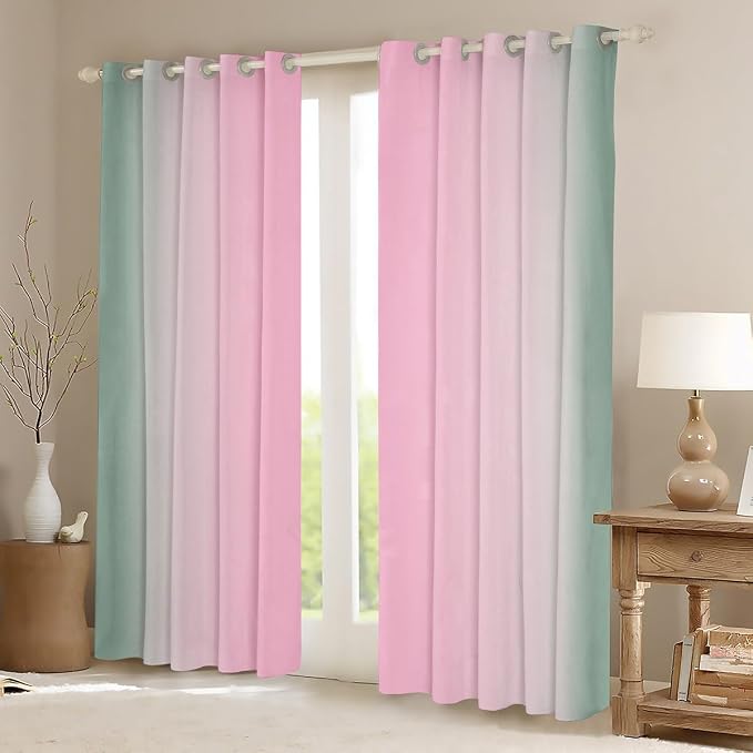 jejeloiu (2 Panels, 52 x 63 Inch Pink and Green Darkening Drapes Gradient Style Curtains for Bedroom Living Room for Kids Women Men Ombre Printed Blackout Curtains Geometric Window Treatments