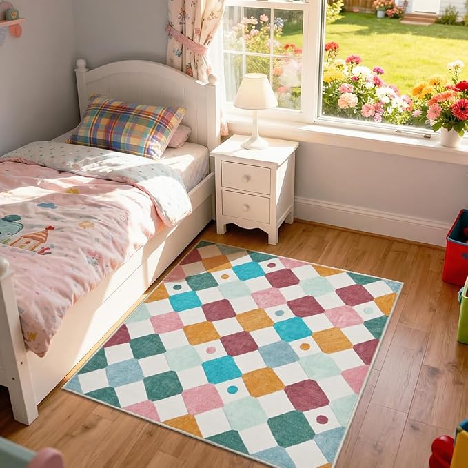 jinchan Macy Area Rug for Kids Room 4'x4' Square Rug Modern Colorful Nursery Rug Checkered Diamond Play Mat Washable Soft Non Slip Carpet for Entryway Bedroom Playroom Dorm Daycare Confetti on Cream