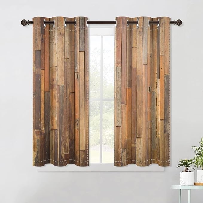 Wooden Curtains Vertical Planks Wooden Window Curtains Rustic Wooden Barn Door Grain Cottage Hardwood Garage Door Bedroom Living Room Window Drapes Decor with Grommets,21x63 inch,2 Panels