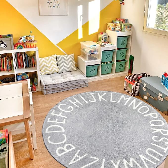 Topotdor Round Kids Play Rug Alphabet Nursery Area Rug Extra Large Soft Crawling Play Mat for Children Toddlers Bedroom (47 inch, Grey)