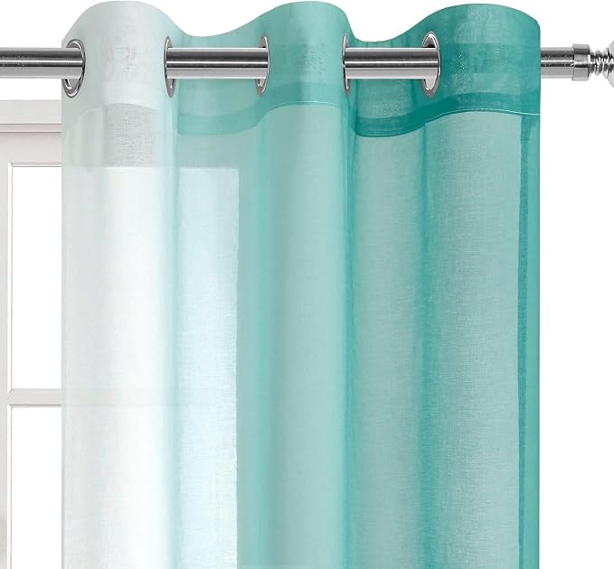 DWCN Ombre Short Sheer Curtains - Faux Linen Semi Voile Gradient Light-Filtering Bedroom and Living Room Curtains, Set of 2 Grommet Top Window Drape Panels, 42 x 45 Inch Length, Teal