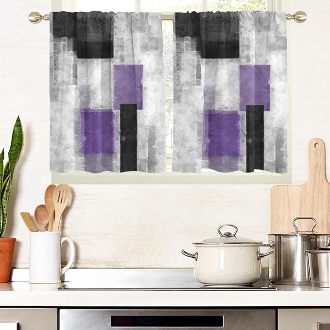 AAtter Purple Window Curtains for Kitchen Lavender Modern Abstract Plum Ombre Small Short Home Living Room Bedroom Bathroom Rod Pocket Drapes Treatment Tiers Fabric 1 Pair, 27.5" W x 36" L, Geometric