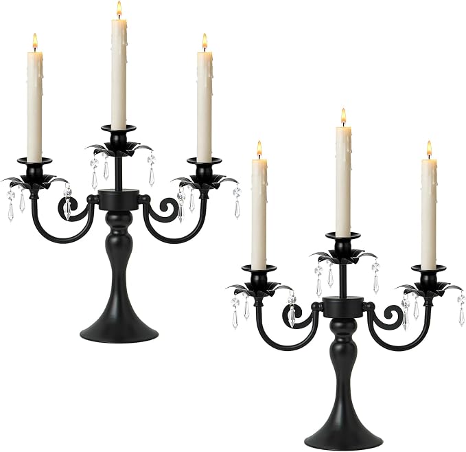 Metal 3 Arm Candelabra with Crystal Pendants - 11.8 Inch Tall Candle Holders, Set of 2 - Elegant Taper Candlestick Stand for Wedding, Dining Table, Christmas Party Home Decoration (2, Black)