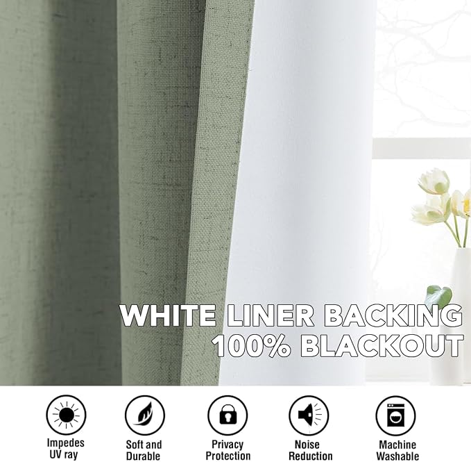 H.VERSAILTEX Linen Curtains 100% Blackout Curtains for Bedroom 63 inch Long Full Light Blocking Nature Linen Blended Window Curtains for Living Room Nickel Grommet (2 Panels, Heathered Dried Sage)