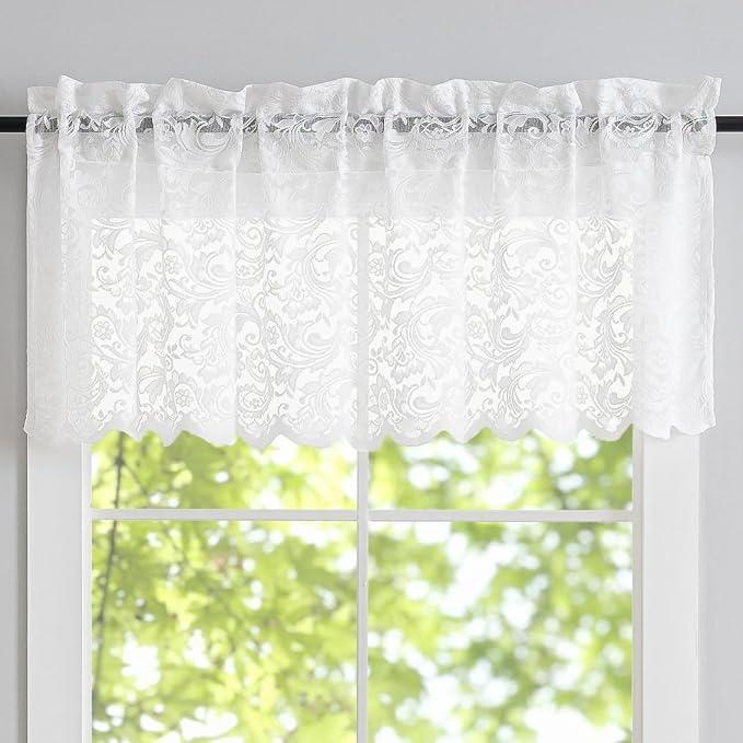 ALIGOGO Lace Kitchen Valances for Windows 18 Inch Length Vintage Floral Sheer Kitchen Curtains Small Window Valance for Living Room Bedroom Bathroom RV Camper Cabinet Boho Decor Single White