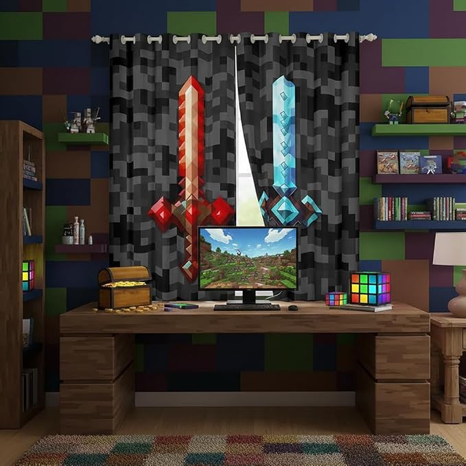 Castle Fairy Red Blue Sword Bedroom Decor Curtains,Sandbox Building Games Window Curtain,Kids Boys Pixelated Style Swords Window Treatment Grey Black Camo Blackout Drapes 2 Panels,38Wx45L