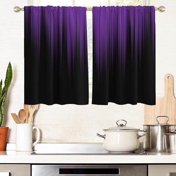 AAtter Purple and Black Kitchen Curtains, Ombre 27.5" W x 39" L, 2 Panels | Dark Gothic Rod Pocket, Plum Abstract Moody Style, Witchy Modern Anime Design, Small Short Bathroom Window Tiers for Women
