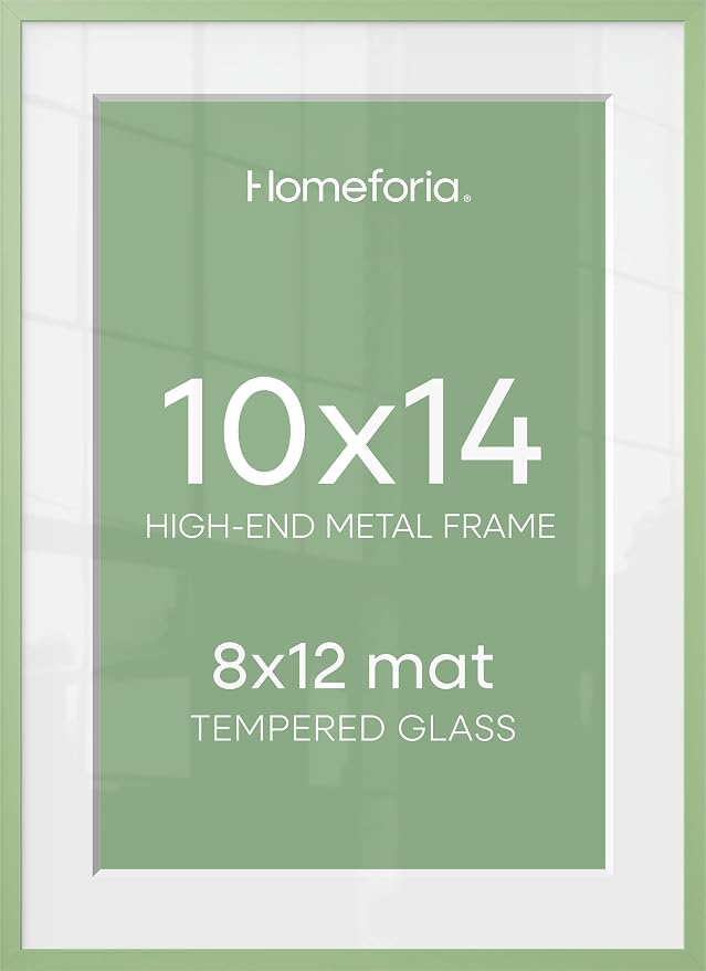 Homeforia 10x14 Picture Frame Sage Green, High End Metal 10x14 Wall Hanging Frame with Mat 8x12, 10 x 14 Poster Frame Matted to 8 x 12 inch Photo, 10by14 Thin Frame, Tempered Glass, Wall Kit, Set of 2