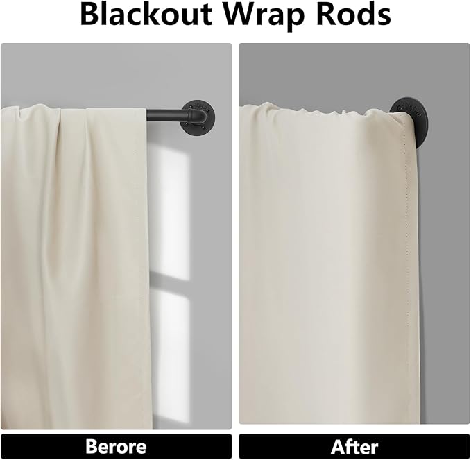 Refrze Curtain Rods for Windows 66 to 120 Inch, 1" Black Industrial Wrap Around, Adjustable Heavy Duty Blackout Curtain Rods for Ceiling, Bedroom, Outdoor Patio