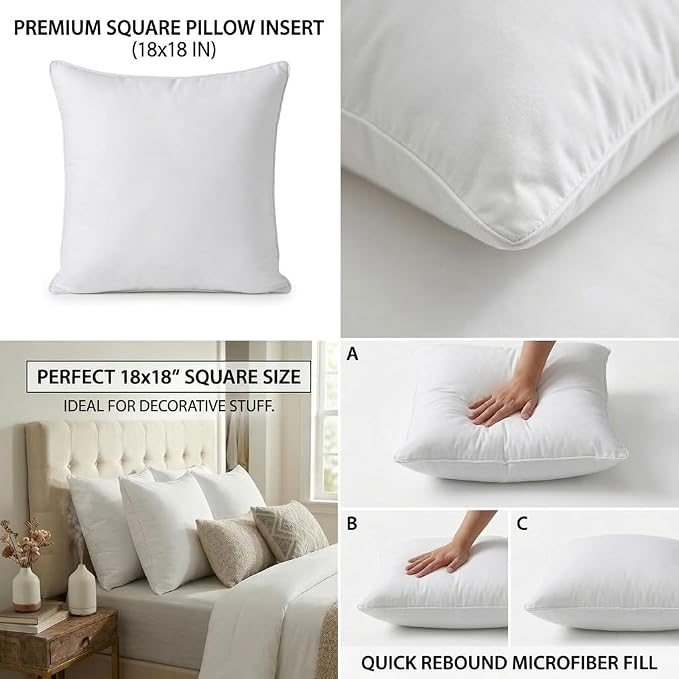 Qeils 18 x 18 Pillow Inserts Set of 2 White Throw Pillow Inserts with Soft Polyester Cover - Rectangle Square Interior Sofa Pillow Inserts Decorative Pillow Insert White Couch Pillow