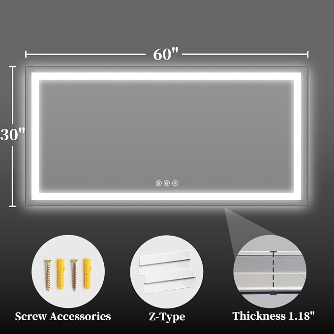60"x30" LED Bathroom Mirror with Lights, Backlit + Front Lit with CRI>90, Lighted Mirror for Bathroom, Anti-Fog, Dimmable Brightness, 3 Colors, Memory Function, Shatterproof Tempered Glass