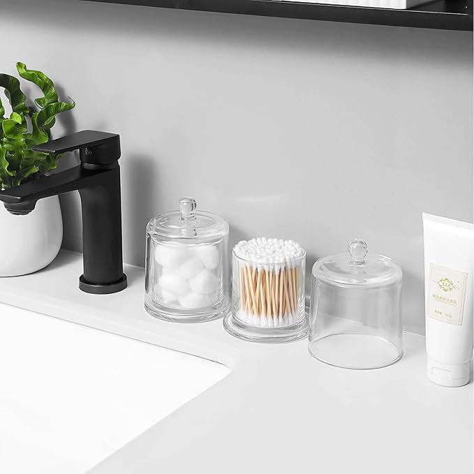 rejomiik Qtip Holder Thick Glass Apothecary Jars with Lid for Bathroom Accessories Vanity Organizers and Makeup Storage for Cotton Ball, Swabs, Makeup Sponges, Candy, Jewelry, Clear