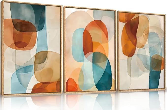 Large Abstract Color Block Framed Canvas Wall Art,Boho Orange and Blue Ovals Wall Decor,Modern Colorful Shape Artwork,Watercolor Geometric Art Print for Living Room,Bedroom,Office- 24"x36"x3