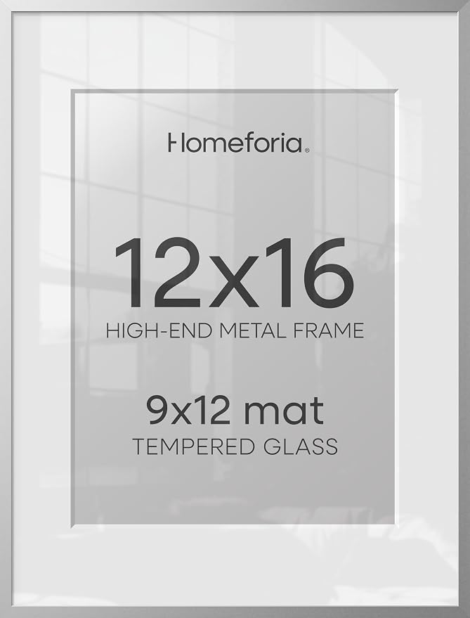 Homeforia 12 x 16 Picture Frame Silver, High End Metal 12x16 Poster Frames with Mat 9x12 Photo, 12 x 16 Silver Frame Matted to 9 x 12 in Print, 16by12 Hanging Frame, Tempered Glass, Wall Kit, Set of 1