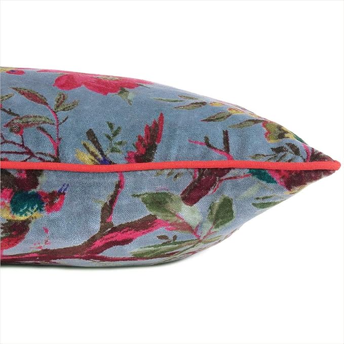 Boho Velvet Bird Print Throw Pillow Cover, Colorful Decorative Floral Cushion Case for Sofa Couch, Bohemian Chic Accent for Bedroom Living Room, 24x24 inch (60x60 cm), Grey Gray