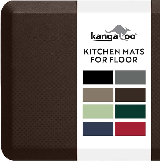 KANGAROO Anti Fatigue Mats for Kitchen Floor, 70x24, Reduce Foot, Knee, Back Pressure, 3/4 Inch Thick Cushioned Ergonomic Mat, Waterproof Comfort Rug for Under Sink, Standing Desk, Store Floors, Brown