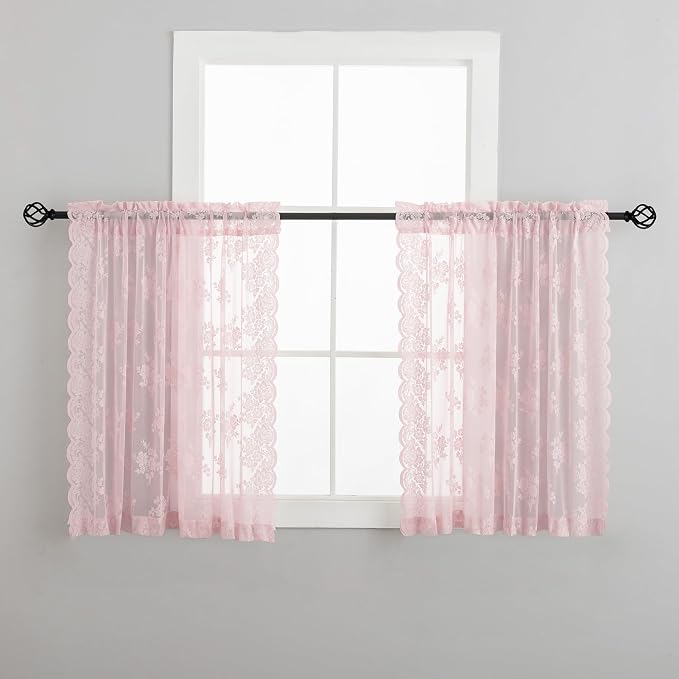 Kotile Pink Lace Curtains 45 Inch Length, 2 Panels, W42 x L45 Inch Each, Country Rustic Floral Short Sheer Lace Curtains for Small Windows, Rod Pocket Privacy Light Filtering Vintage Cafe Curtain