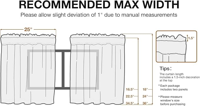 Anmao Non-See-Through Valance Kitchen Curtains 36 Inch Length 2 Panels Set, Off White Privacy Light Filtering Semi Sheer Over Sink Short Cafe Curtain Tiers for Small Windows, 25W x 36L, Ivory White