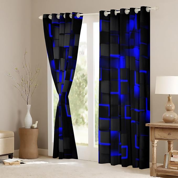 Feelyou Blue and Black Darkening Drapes (2 Panels, 42 x 90 Inch) Light Geometric Curtains for Bedroom Living Room Girls Decor Blackout Curtains Modern Style Window Treatments