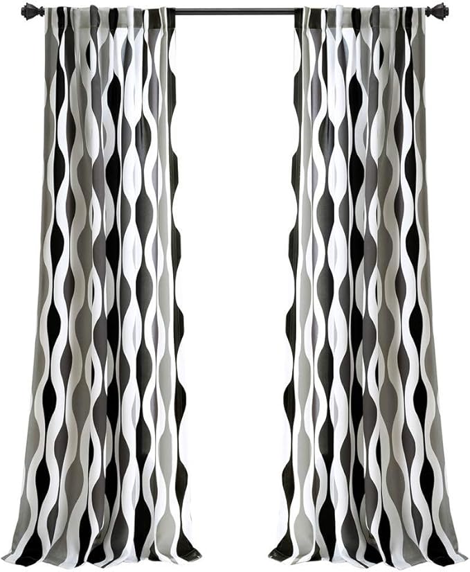 Lush Decor Mid Century Geo Light Filtering Window Curtain Panel Pair, 52" W x 84" L, Black & Gray