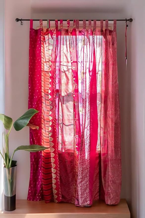 Assorted Hippie Colorful Curtains Light-Filtering – Boho Curtains, Bed Canopy Panel, Tapestry or Window Treatment Patchwork Pink Color (84 X 43 Inches)