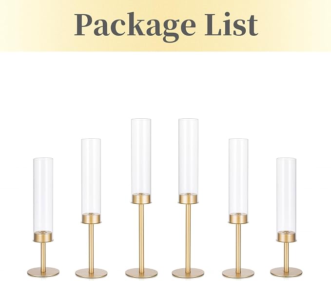 Hewory Gold Candle Holders - 6Pcs Brass Hurricane Candlestick Holders with Glass Candle Cover for Wedding Table Centerpiece Christmas Decor
