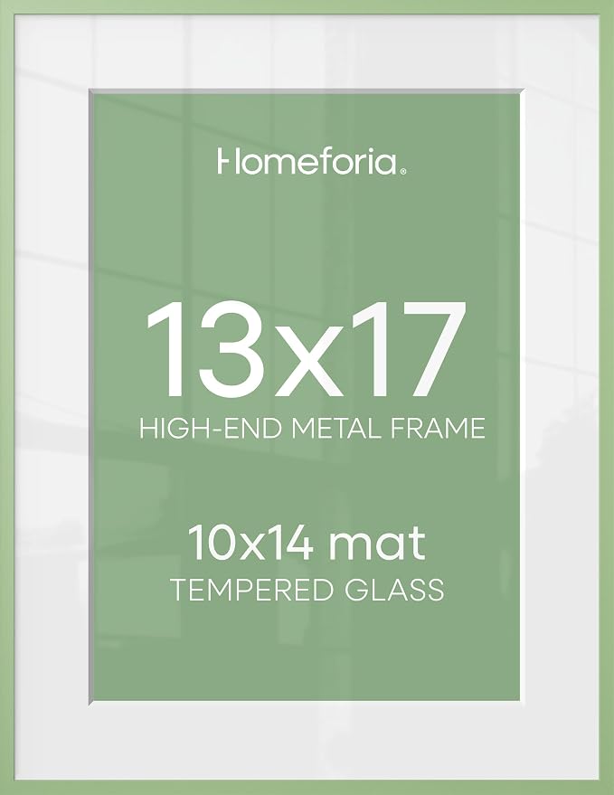 Homeforia 13x17 Picture Frame Sage Green, High End Metal 13x17 Poster Frames with Mat 10x14 Photo, 13 x 17 Sage Green Frame Matted to 10 by 14 Art, 17x13 Thin Frame, Tempered Glass, Wall Kit, Set of 2