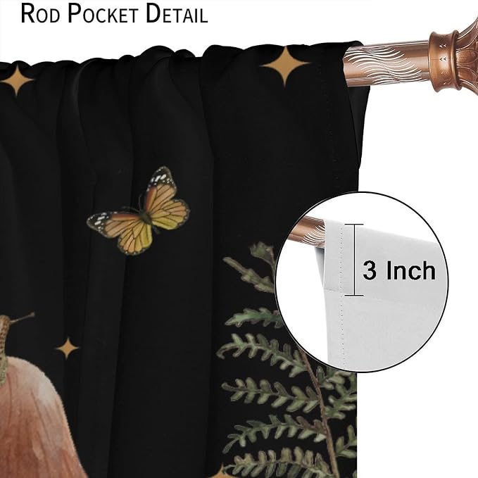 Retro Mushroom Blackout Curtains,Snail Butterfly Window Drapes,Boho Night Plants Leaves Moon Star Botanical for Living Room Kitchen Bedroom,Black Background 72x63in