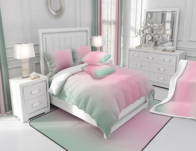 jejeloiu (2 Panels, 38 x 54 Inch Pink and Green Darkening Drapes Gradient Style Curtains for Bedroom Living Room for Kids Women Men Ombre Printed Blackout Curtains Geometric Window Treatments
